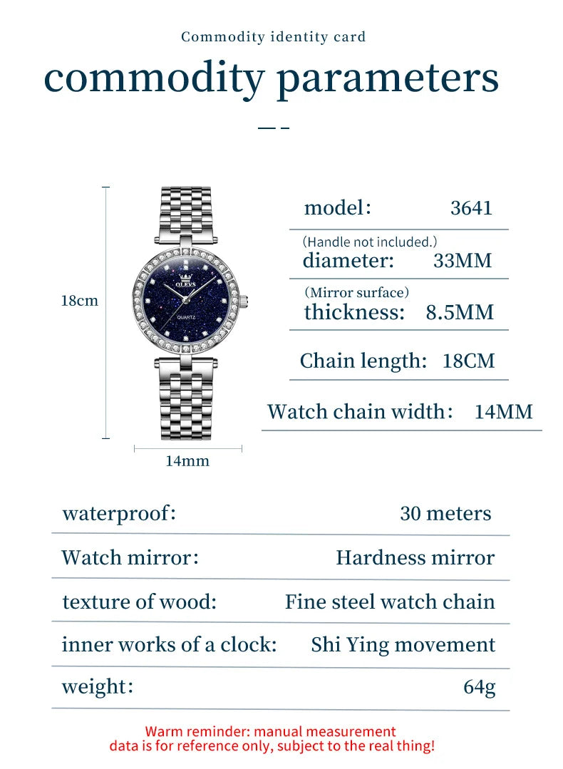 OLEVS 3641 Womens Watch Elegant Simple Quartz Watch Zircon Scale Waterproof Luminous Starry Dial Ladies Watch Gifts Original