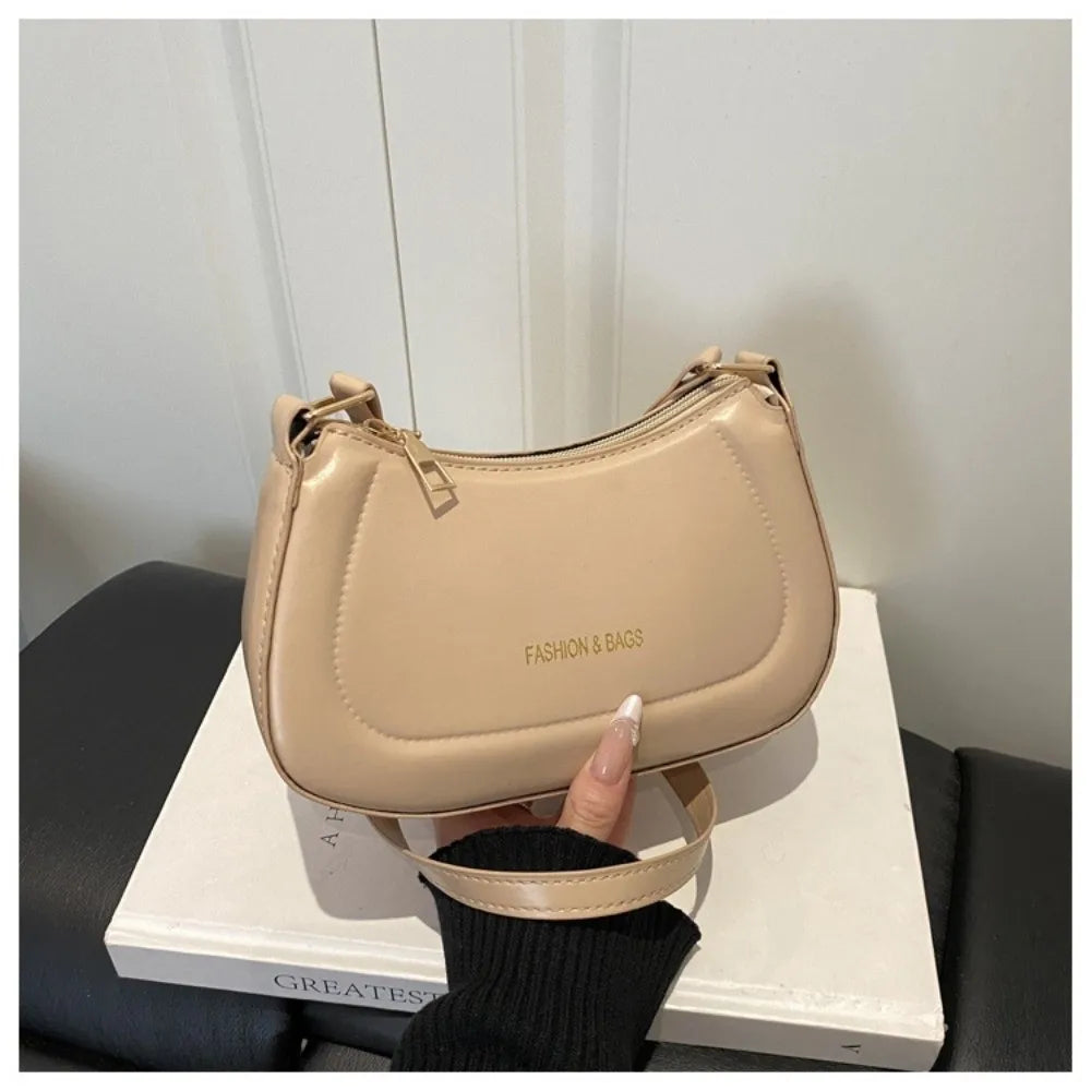 New PU Leather Shoulder Bag Large Capacity Moon-shaped Underarm Bag Solid Color Tote Handbag Women