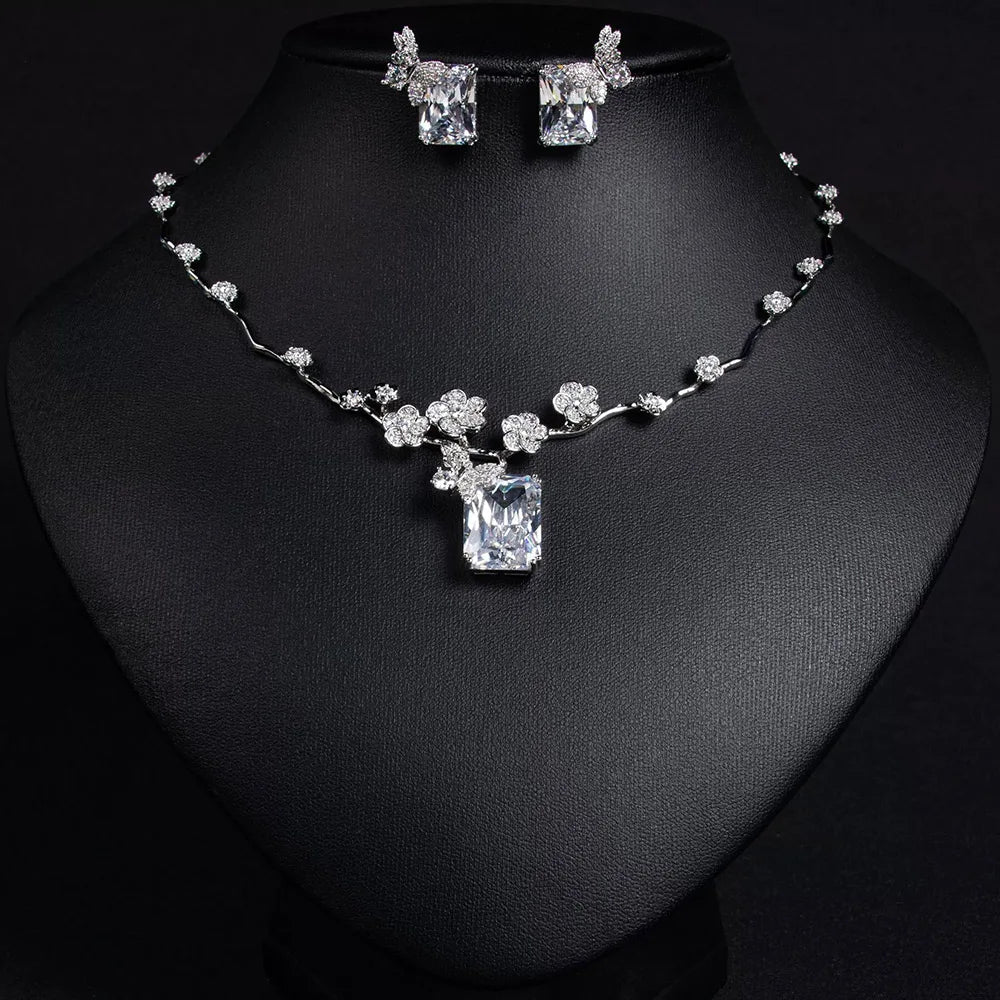 Fashion Square Cut Cubic Zirconia Leaf Flower Jewelry Set for Women White Gold Color Bridal Wedding Party Necklace S-337