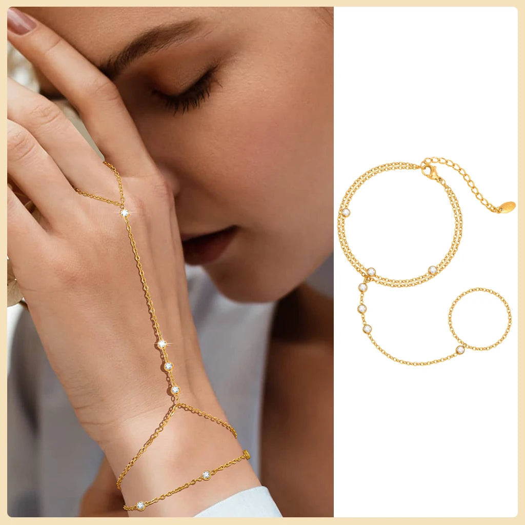 Stainless Steel Hand Chain Ring Bracelet for Women, Adjustable Gold Plated Double Layer Finger Bracelets Summer Party Jewelry
