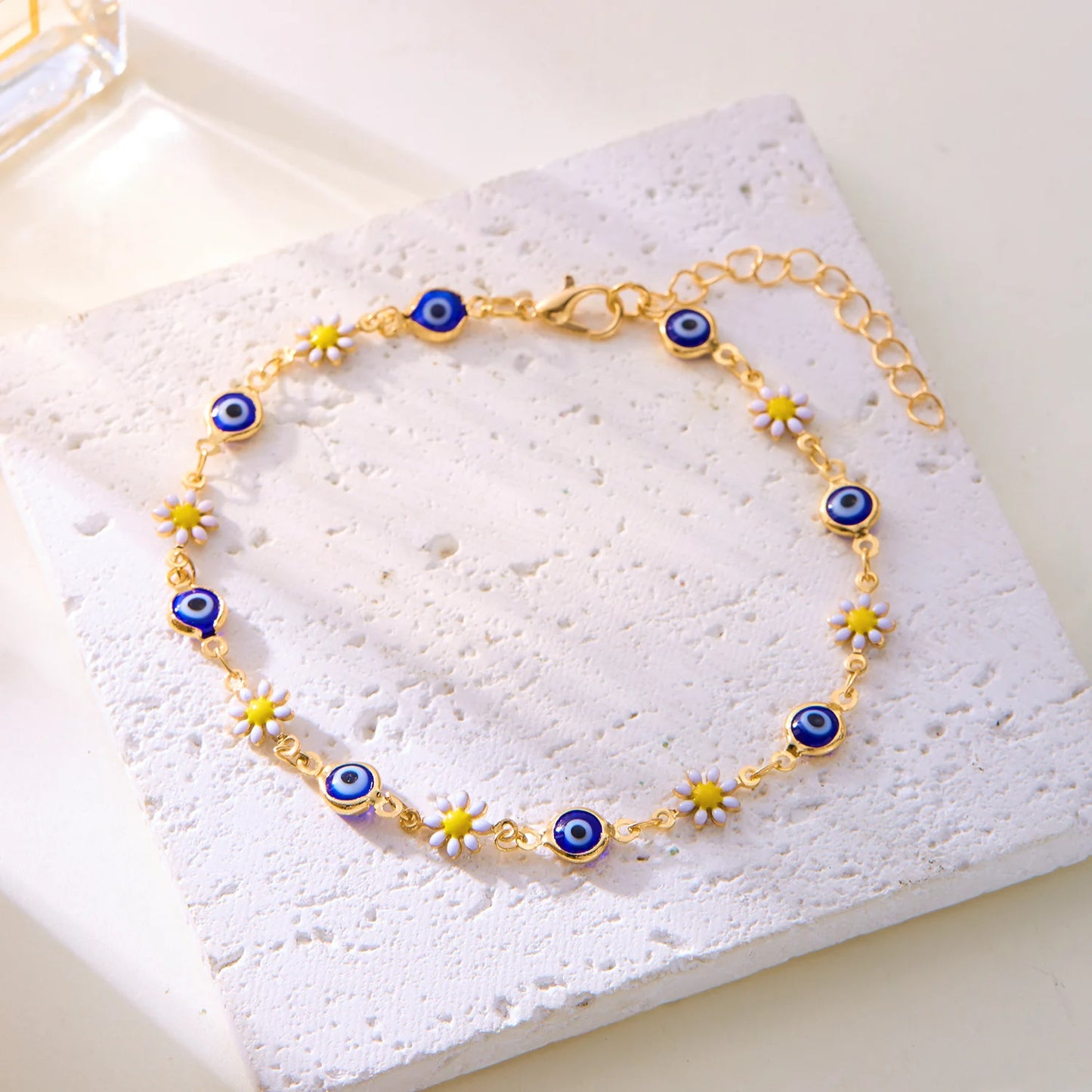 Vintage Enamel Daisy Flower Anklets for Women Turkish Blue Evil Eye Ankle On the Leg Bracelet Summer Beach Travel Jewelry Gift