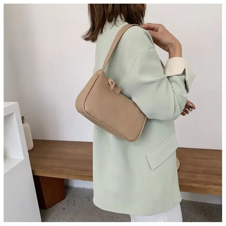 Retro Soft PU Leather Women Shoulder Underarm Bags Casual Solid Color Small Top-Handle Handbags Ladies Fashion Shoulder Bags