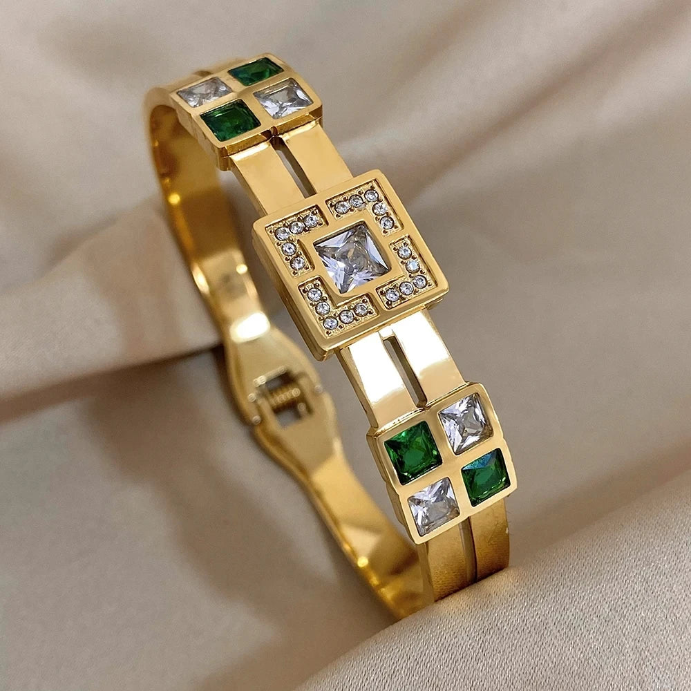 Freetry Exquisite Stainless Steel Large Green Zircon Gold Plated Bracelet Rhinestone Layered Cuff Bracelet Waterproof Jewelry