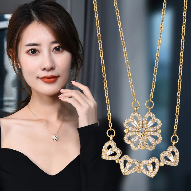 Rose Gift Box Four -leaf Grass Necklace Heart Necklace Cute Four Leaf Clover Necklace Dainty Gold Necklaces Gifts for Mother