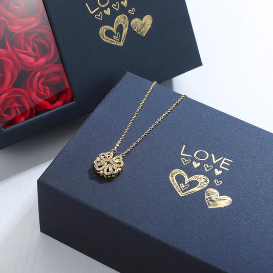 Rose Gift Box Four -leaf Grass Necklace Heart Necklace Cute Four Leaf Clover Necklace Dainty Gold Necklaces Gifts for Mother