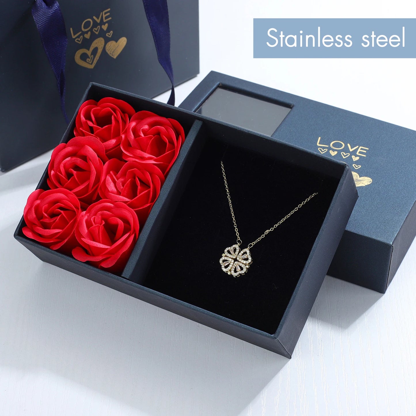 Rose Gift Box Four -leaf Grass Necklace Heart Necklace Cute Four Leaf Clover Necklace Dainty Gold Necklaces Gifts for Mother