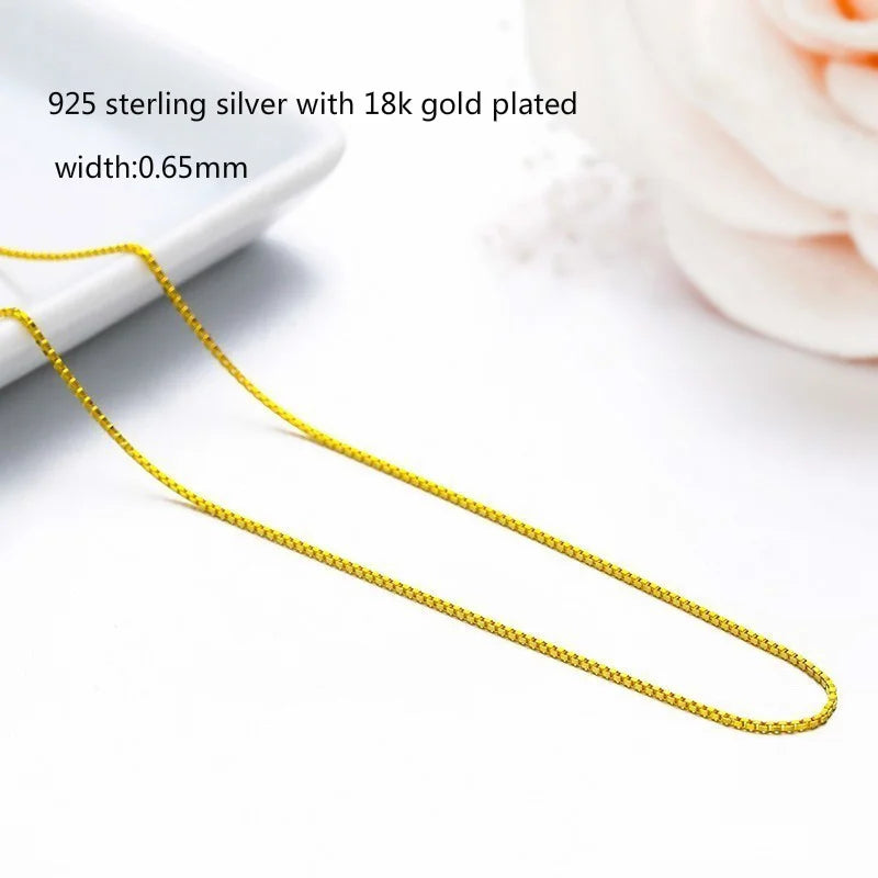 14"-32" 0.65mm Fina de Plata de Ley 925 Auténtica con Cadena Fina de Caja Chapada en Oro, Collar para Mujer, Niña, Hombre, Joyería Kolye Collares