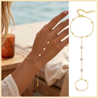 Stainless Steel Hand Chain Ring Bracelet for Women, Adjustable Gold Plated Double Layer Finger Bracelets Summer Party Jewelry