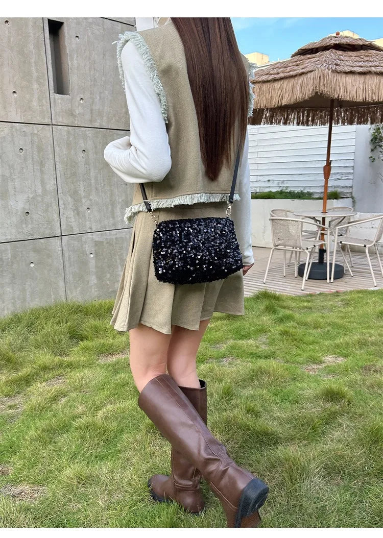Colorful Sequins Crossbody Bag Simple INS Solid Color Sequins Shoulder Bag Underarm Bag Phone Purse Evening Clutch Bags Handbag