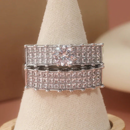 2pcs/set Fashionable Luxury Sparkling Synthetic Zircon Couple Rings Women's Stacked Rings Wedding Engagement Jewelry