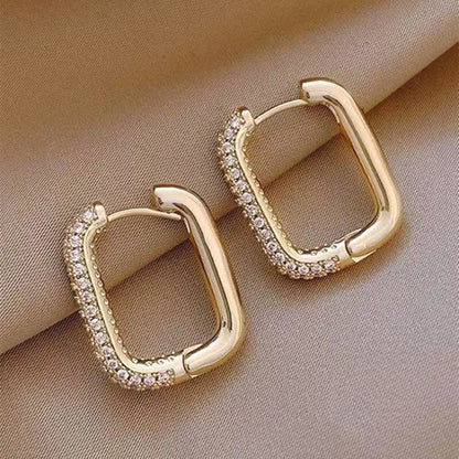 Luxury Full of Zircon Shiny Geometric Square Hoop Earrings for Women Temperament Gold Color Stainless Steel Korea Jewelry Gift