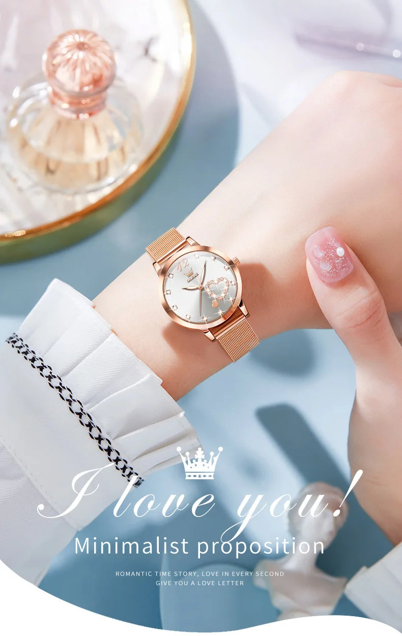 OLEVS 5189 Women's Watch Quartz Wristwatch Casual Fashion Watch for Ladies Waterproof Luminous Mesh Belt Love Dial Zircon Scale