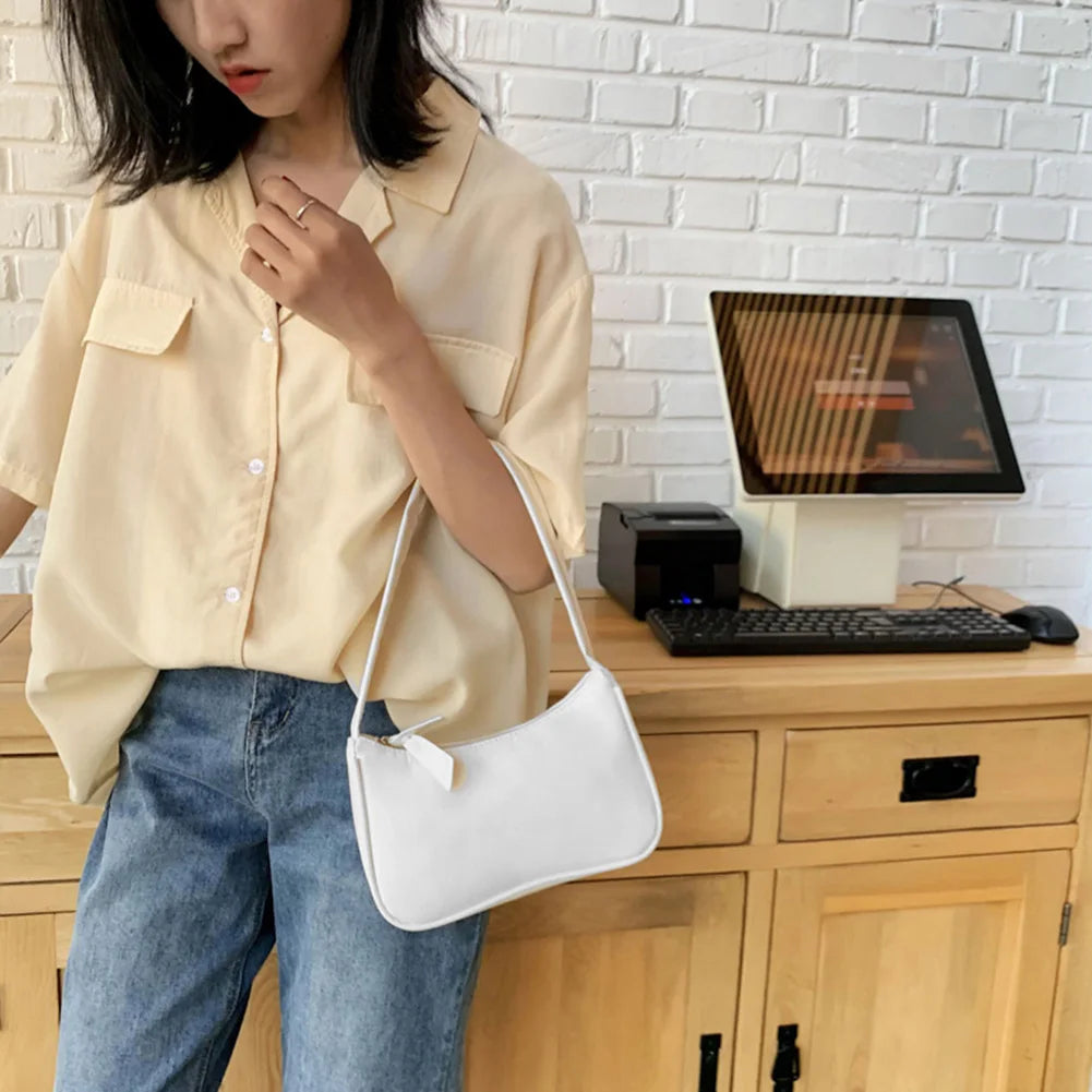 Retro Soft PU Leather Women Shoulder Underarm Bags Casual Solid Color Small Top-Handle Handbags Ladies Fashion Shoulder Bags