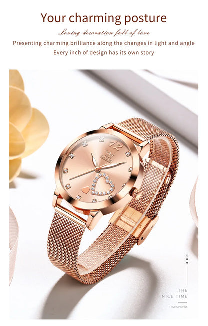 OLEVS 5189 Women's Watch Quartz Wristwatch Casual Fashion Watch for Ladies Waterproof Luminous Mesh Belt Love Dial Zircon Scale
