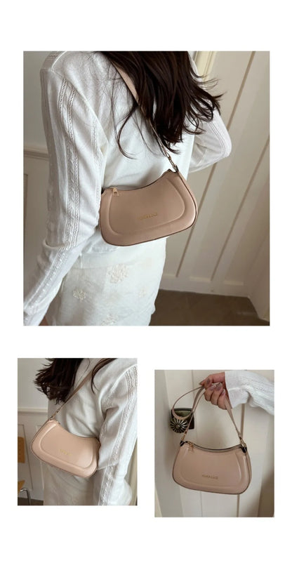 New PU Leather Shoulder Bag Large Capacity Moon-shaped Underarm Bag Solid Color Tote Handbag Women