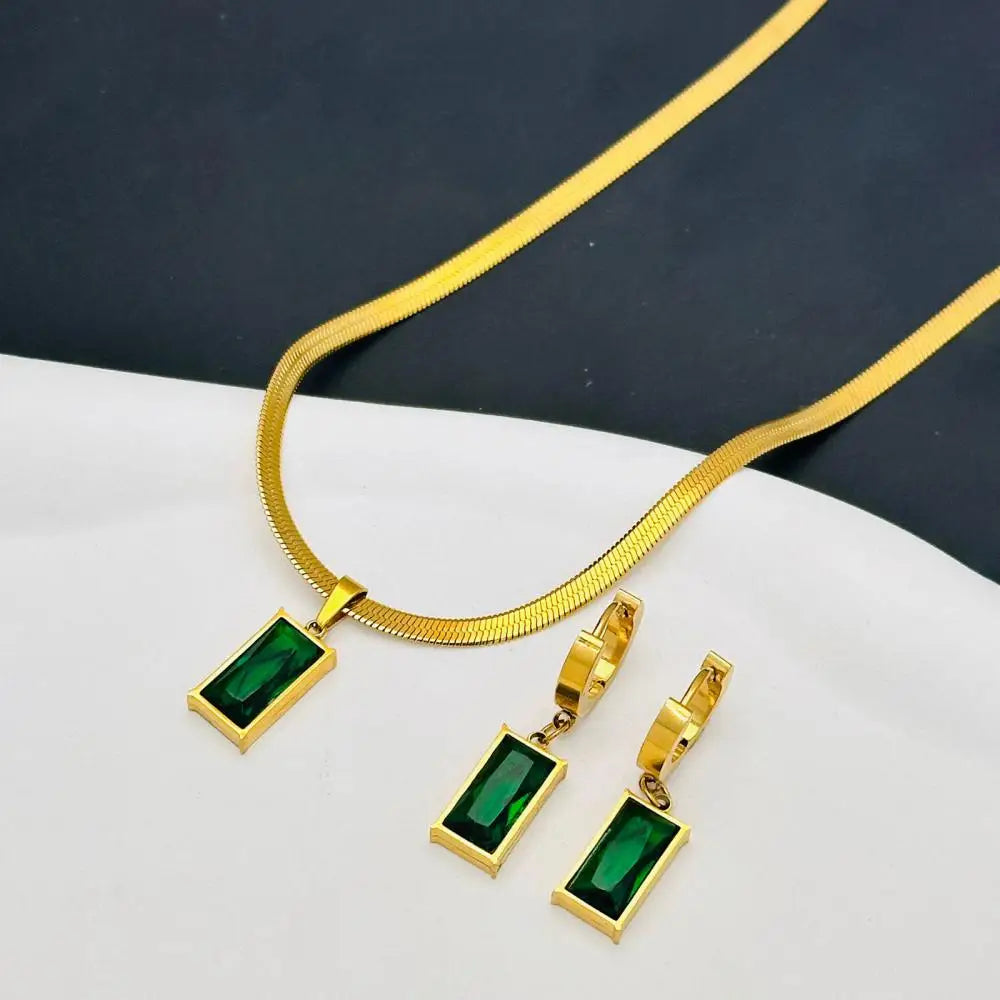 Stainless Steel Square Green Crystal Zircon Necklace Earrings Jewelry Set For Women Gold Color Chain Accessories Wedding Gift