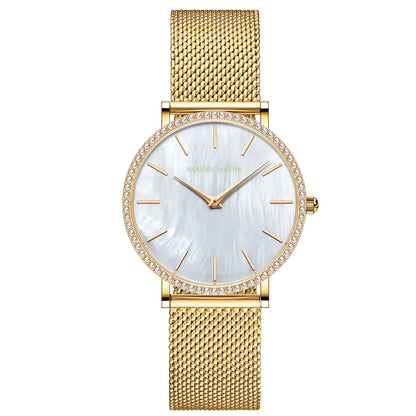 Luxury Women Watch Japanese Quartz Movement Shell Dial Rhinestone Stainless Steel Fashion Gift Box Waterproof Ladies Wristwatch