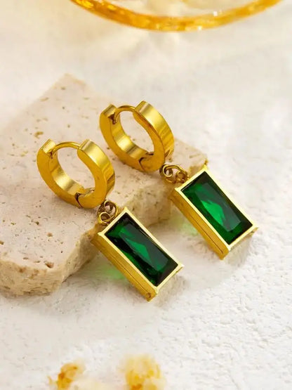 Stainless Steel Square Green Crystal Zircon Necklace Earrings Jewelry Set For Women Gold Color Chain Accessories Wedding Gift