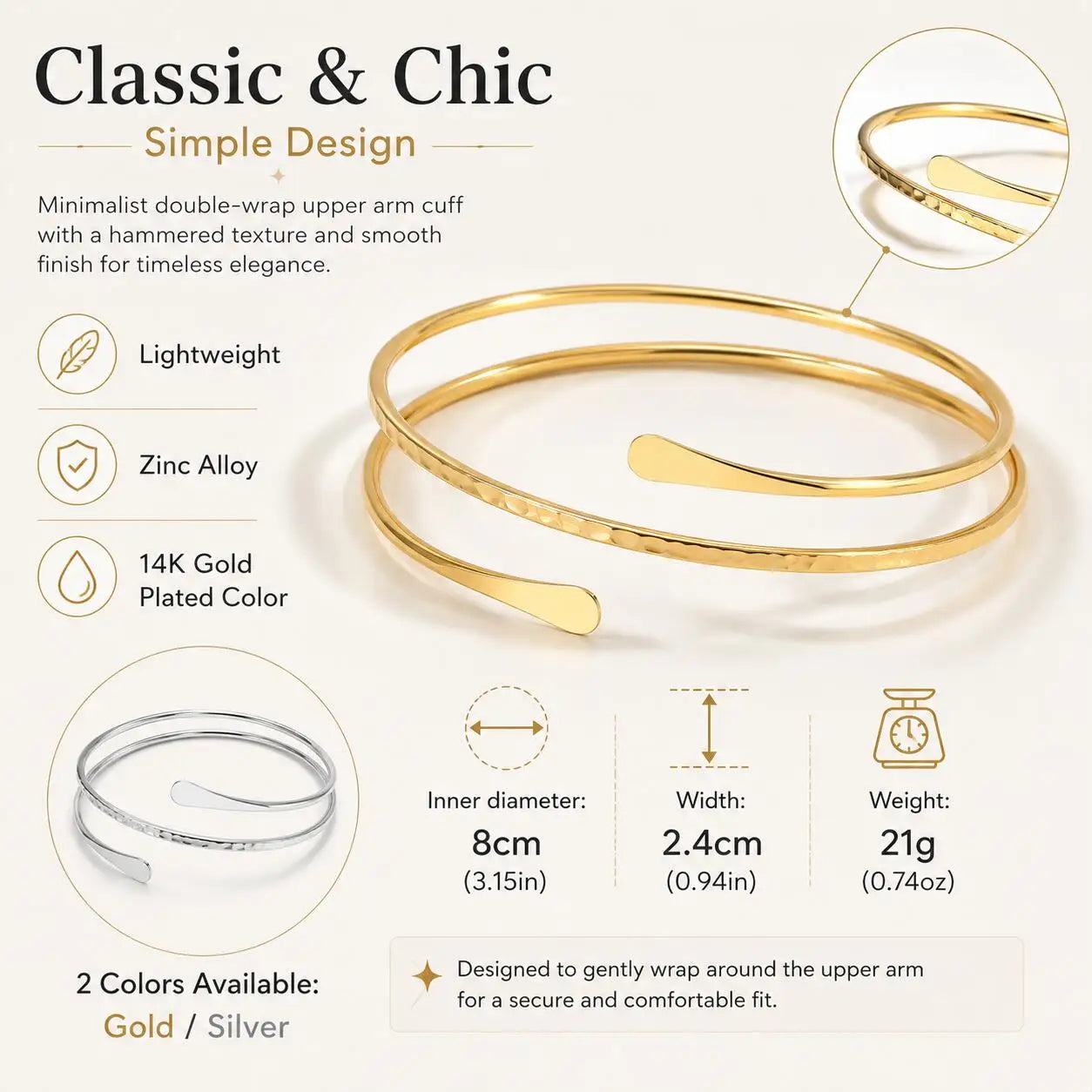 Upper Arm Cuff Bracelet for Women Minimalist Gold Plated Adjustable Open Armband Statement Party Armlet Jewelry