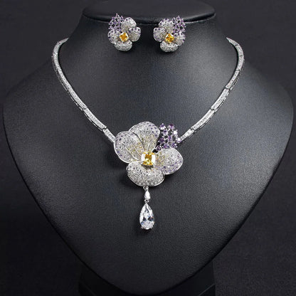 Cubic Zircon Crystal White Flower Women Choker Necklace and Earrings Bridal Jewelry Set for Wedding Dress Accessories S-338