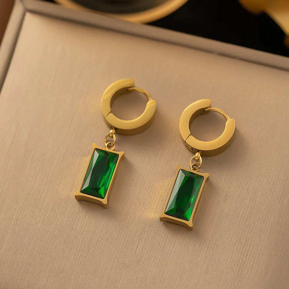Stainless Steel Square Green Crystal Zircon Necklace Earrings Jewelry Set For Women Gold Color Chain Accessories Wedding Gift
