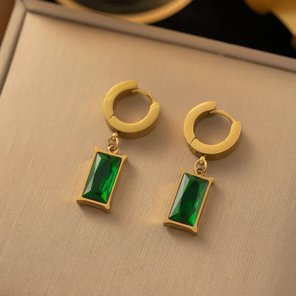 Stainless Steel Square Green Crystal Zircon Necklace Earrings Jewelry Set For Women Gold Color Chain Accessories Wedding Gift