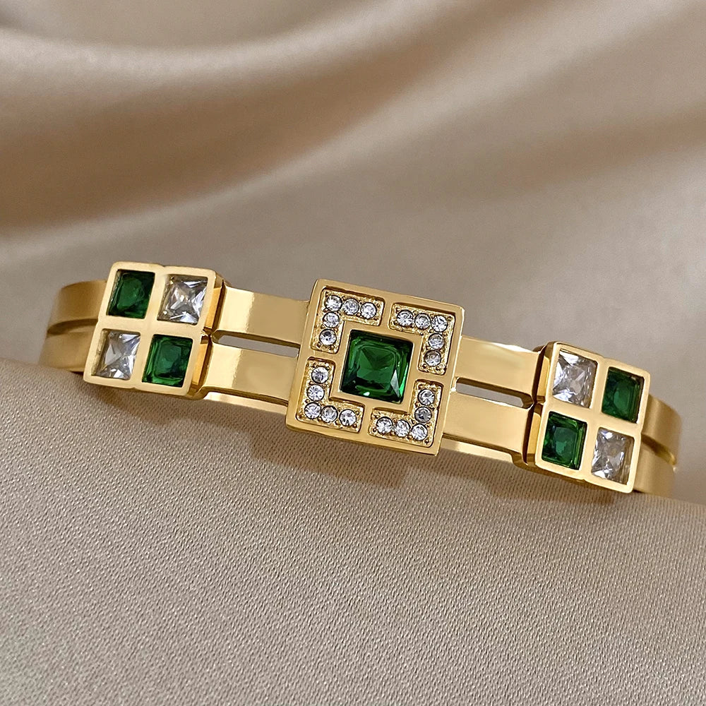 Freetry Exquisite Stainless Steel Large Green Zircon Gold Plated Bracelet Rhinestone Layered Cuff Bracelet Waterproof Jewelry