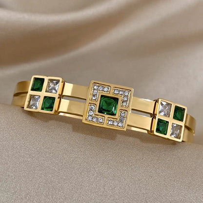Freetry Exquisite Stainless Steel Large Green Zircon Gold Plated Bracelet Rhinestone Layered Cuff Bracelet Waterproof Jewelry