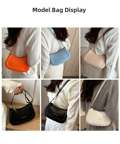 New PU Leather Shoulder Bag Large Capacity Moon-shaped Underarm Bag Solid Color Tote Handbag Women