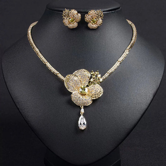 Cubic Zircon Crystal White Flower Women Choker Necklace and Earrings Bridal Jewelry Set for Wedding Dress Accessories S-338
