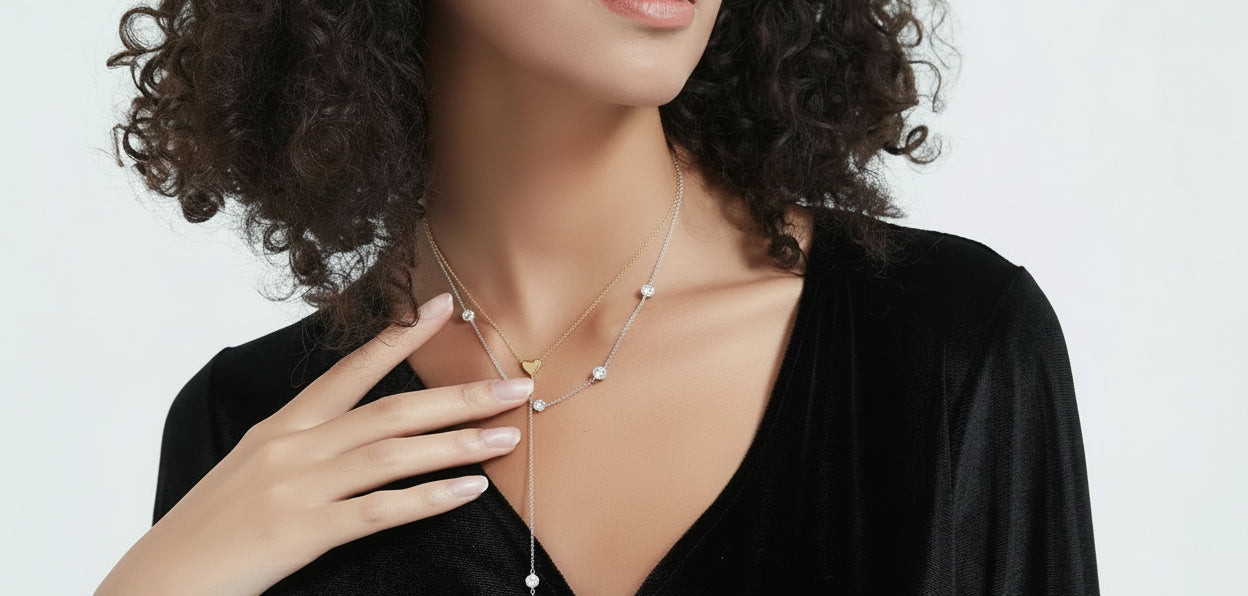Woman wearing a black dress with a gold necklace against a white background
