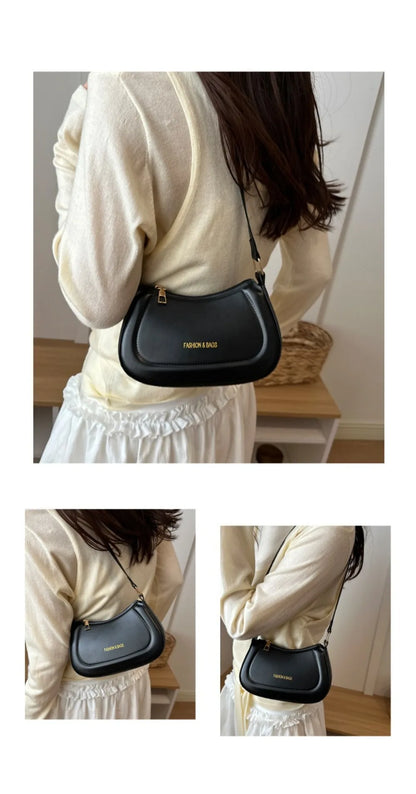 New PU Leather Shoulder Bag Large Capacity Moon-shaped Underarm Bag Solid Color Tote Handbag Women