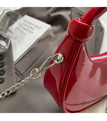 Red Patent Leather Handheld Bag For Women New Spring Autumn Chain Crossbody Bag Fashion Versatile Love Zipper Shoulder Small Bag