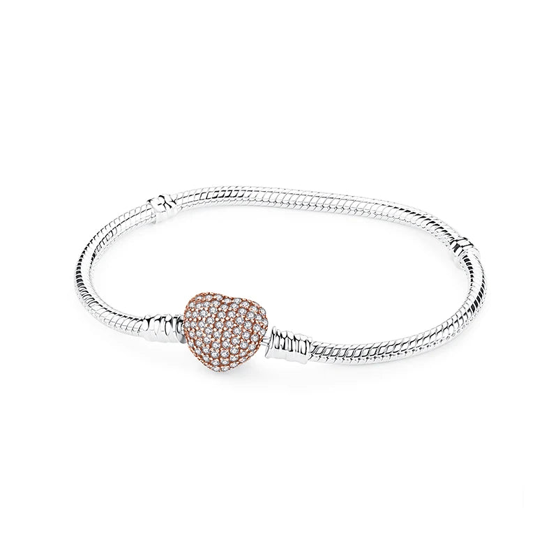 Original 925 Sterling Silver Bracelets Bangles Love Heart Clip Charms Beads Snake Chains For Women Rose Gold DIY Luxury Jewelry