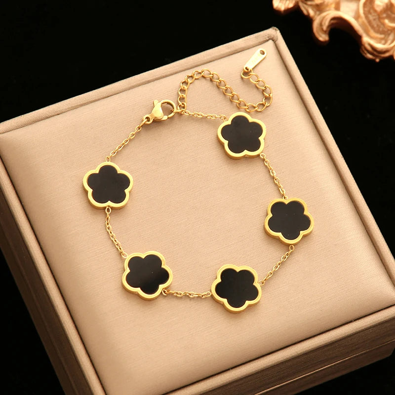 GANEMLY 316L Stainless Steel Black Five Leaf Clover Bracelets For Women New Trendy Waterproof Wrist Chain Jewelry Girls Gift