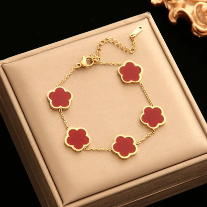 GANEMLY 316L Stainless Steel Black Five Leaf Clover Bracelets For Women New Trendy Waterproof Wrist Chain Jewelry Girls Gift