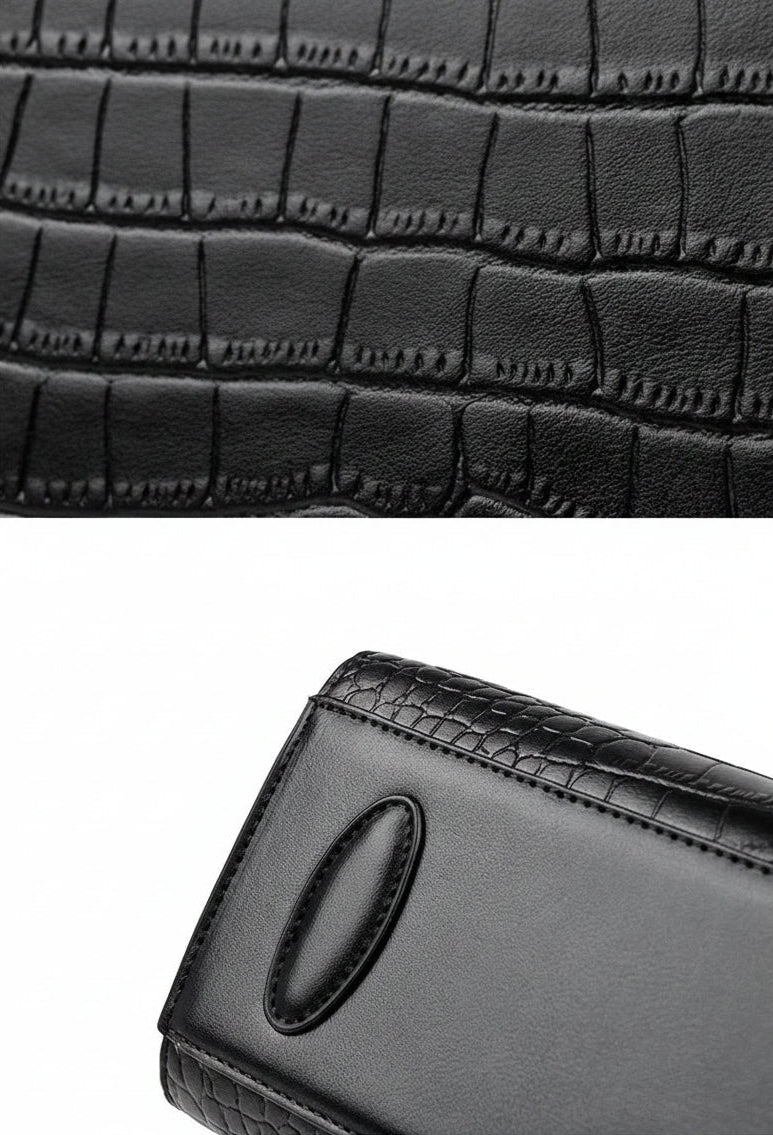 Close-up of a black leather bag with texture details