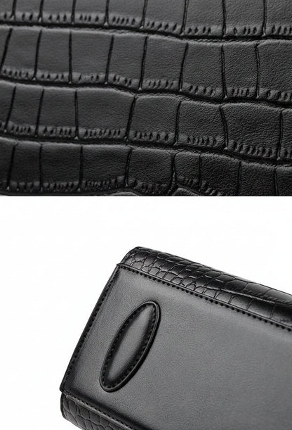 Close-up of a black leather bag with texture details