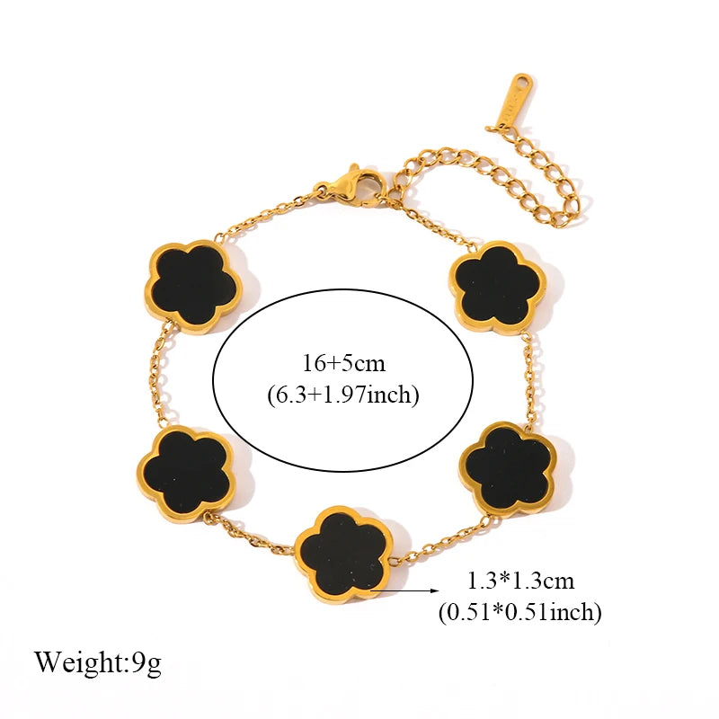 GANEMLY 316L Stainless Steel Black Five Leaf Clover Bracelets For Women New Trendy Waterproof Wrist Chain Jewelry Girls Gift