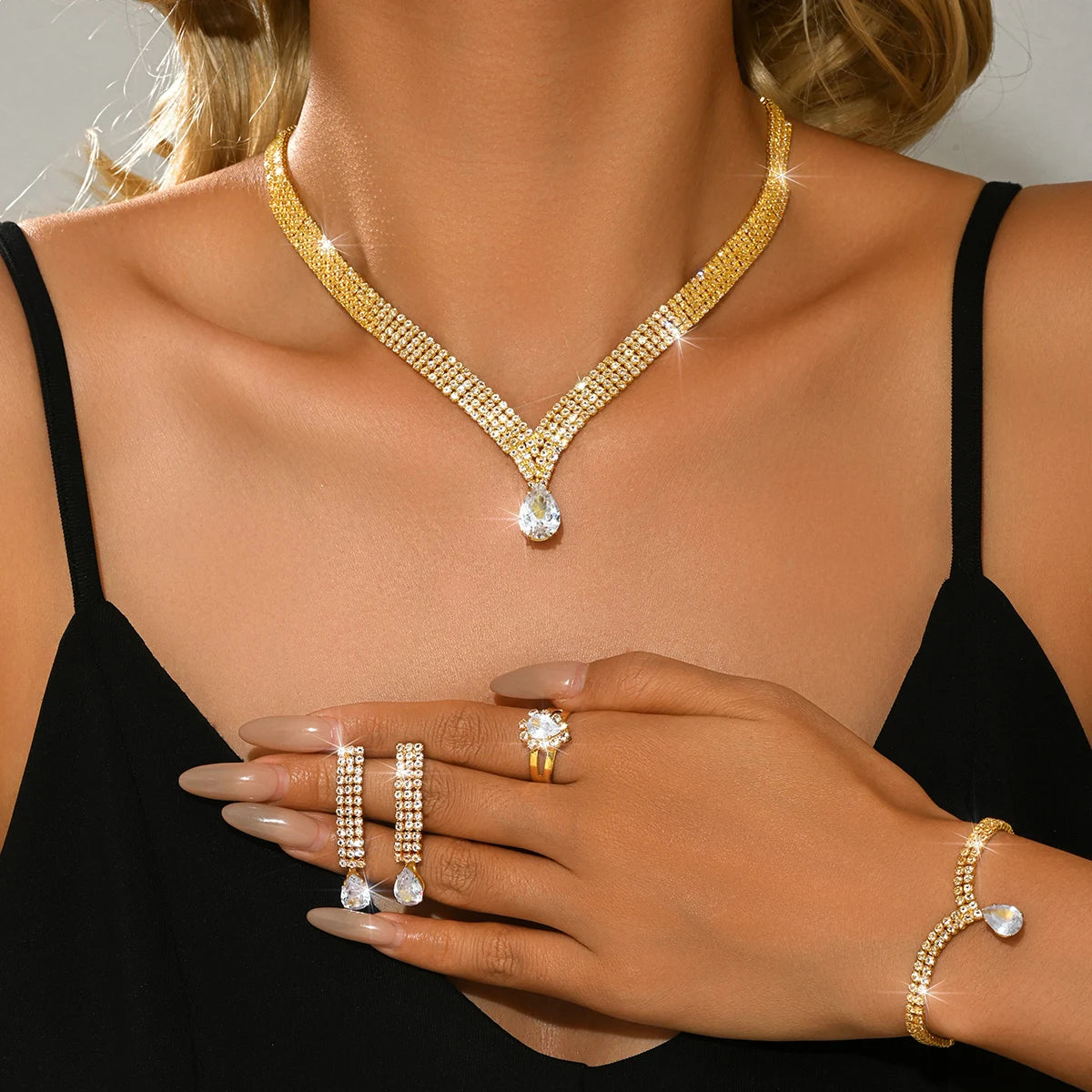 5PC exquisite new super sparkling necklace earrings bracelet ring complete set of bridal dress banquet party accessories