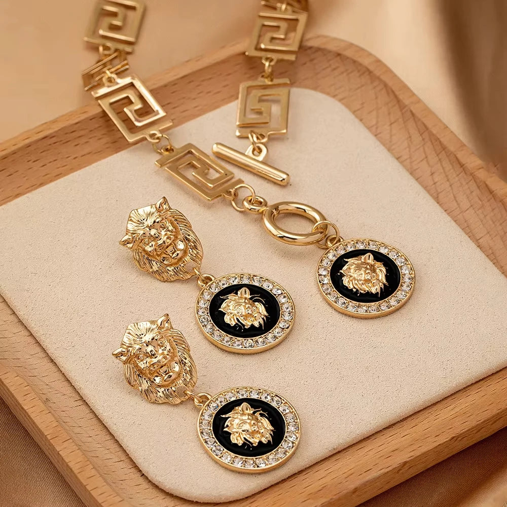 1/3PCS Lion Head Pendant Necklace Earrings Set for Women Simple Fashion Earrings Ring Jewelry Accessories Hot Sale Party Gift
