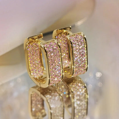 Luxury Full of Zircon Shiny Geometric Square Hoop Earrings for Women Temperament Gold Color Stainless Steel Korea Jewelry Gift