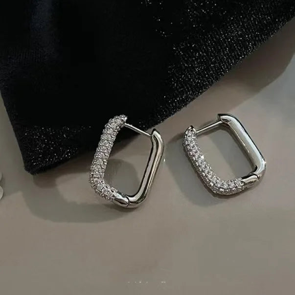 Luxury Full of Zircon Shiny Geometric Square Hoop Earrings for Women Temperament Gold Color Stainless Steel Korea Jewelry Gift