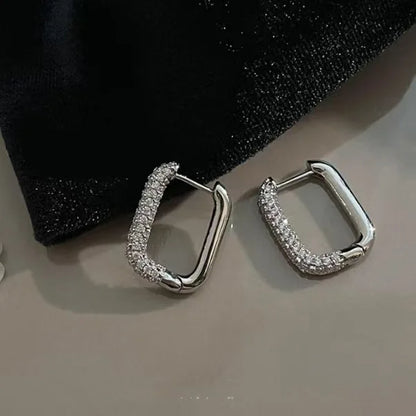 Luxury Full of Zircon Shiny Geometric Square Hoop Earrings for Women Temperament Gold Color Stainless Steel Korea Jewelry Gift