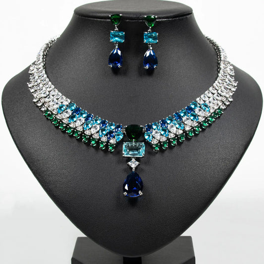 Luxury Multi-colour Jewellery Teardrop Zirconia Women's Summer Necklace Earrings Accessory Set Party Prom Dinner Festivals M-355