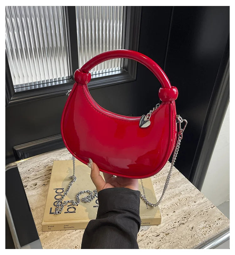 Red Patent Leather Handheld Bag For Women New Spring Autumn Chain Crossbody Bag Fashion Versatile Love Zipper Shoulder Small Bag