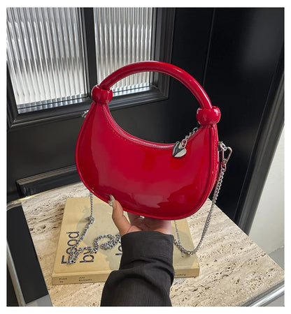 Red Patent Leather Handheld Bag For Women New Spring Autumn Chain Crossbody Bag Fashion Versatile Love Zipper Shoulder Small Bag