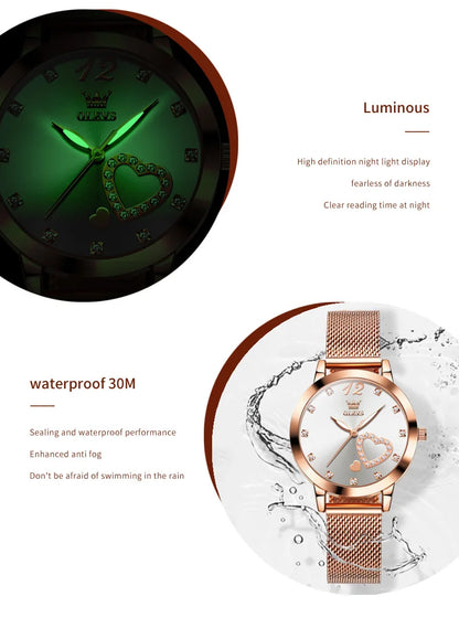 OLEVS 5189 Women's Watch Quartz Wristwatch Casual Fashion Watch for Ladies Waterproof Luminous Mesh Belt Love Dial Zircon Scale