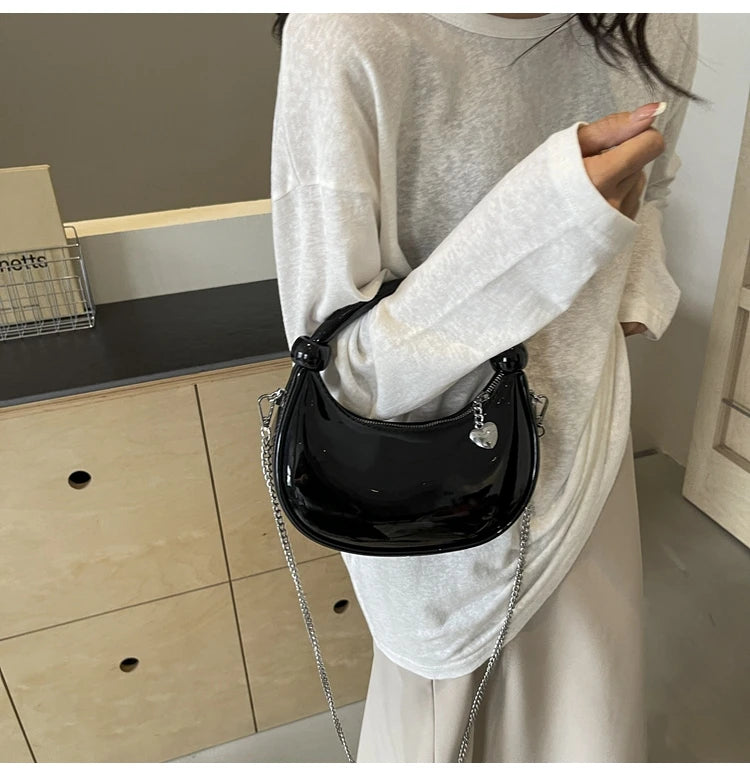 Red Patent Leather Handheld Bag For Women New Spring Autumn Chain Crossbody Bag Fashion Versatile Love Zipper Shoulder Small Bag