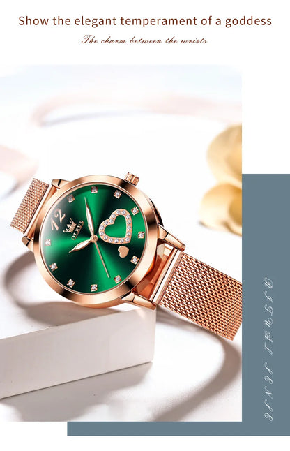 OLEVS 5189 Women's Watch Quartz Wristwatch Casual Fashion Watch for Ladies Waterproof Luminous Mesh Belt Love Dial Zircon Scale